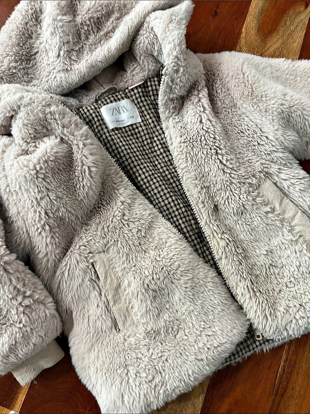 Zara Kids Checkered Faux Fur Jacket Girls 4-5 Years